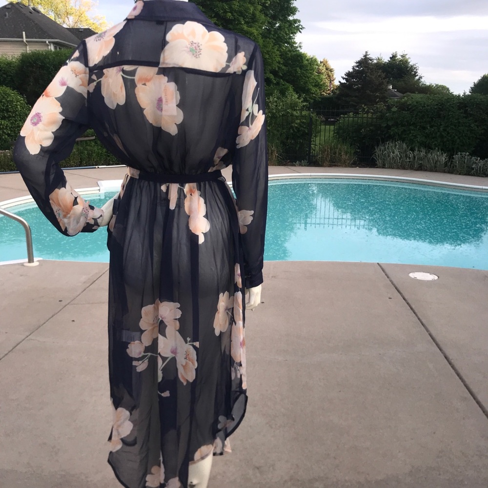 SHEER floral long 3/4 sleeve duster maxi COVER UP - Picture 5 of 16